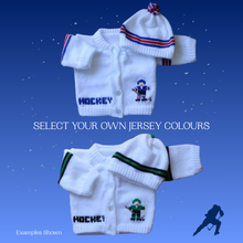 Charger l'image dans la galerie, Hockey Baby Sweater, Personalized Knitted Infant Cardigan, Custom Sports Shower Gift