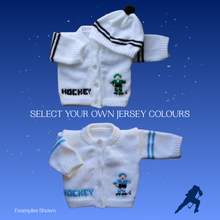 Charger l'image dans la galerie, Hockey Baby Sweater, Personalized Knitted Infant Cardigan, Custom Sports Shower Gift