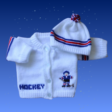 Charger l'image dans la galerie, Hockey Baby Sweater, Personalized Knitted Infant Cardigan, Custom Sports Shower Gift