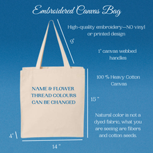 Load image into Gallery viewer, Personalized Embroidered Name &amp; Flower Bag, Custom Canvas Tote, Floral Market Bag, Bridesmaid Gift