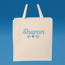 Load image into Gallery viewer, Personalized Embroidered Name &amp; Flower Bag, Custom Canvas Tote, Floral Market Bag, Bridesmaid Gift