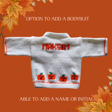 Load image into Gallery viewer, Pumpkin Baby Sweater, Halloween Personalized Knitted Infant Cardigan, Custom Shower Gift