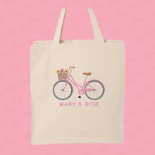 Load image into Gallery viewer, Floral Bicycle &amp; Name Personalized Embroidered Canvas Tote Bag,  Cotton Shopping Bags