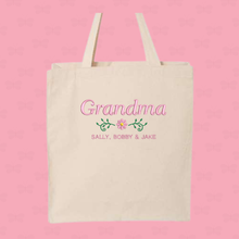 Load image into Gallery viewer, Personalized Grandma Embroidered Cotton Canvas Tote Bag,  Cotton Shopping Bag, Reusable Everyday Tote