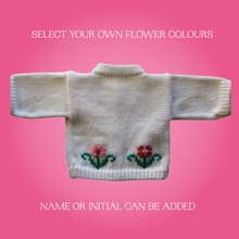 Load image into Gallery viewer, Flowers Baby Sweater, Personalized Knitted Infant Cardigan, Floral Shower Gift