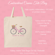 Load image into Gallery viewer, Floral Bicycle &amp; Name Personalized Embroidered Canvas Tote Bag,  Cotton Shopping Bags