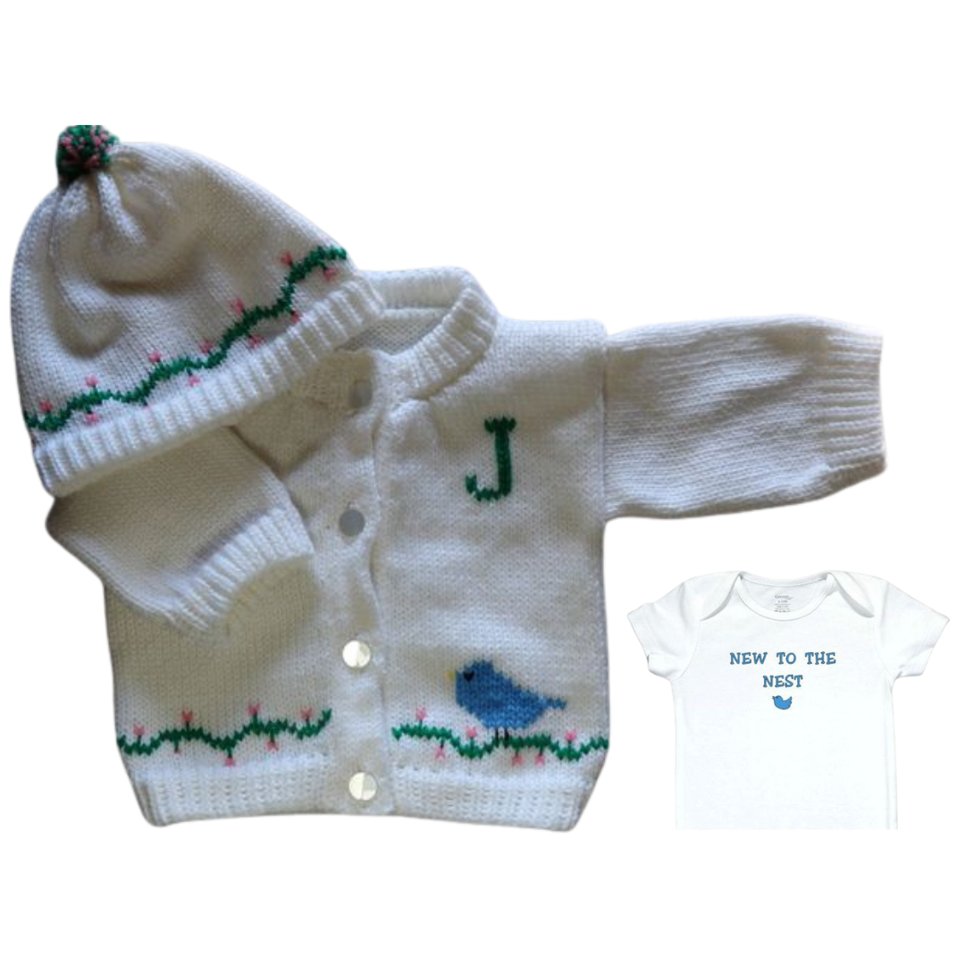 0254 Sweater Blue Bird Beau Cadeau Handmade